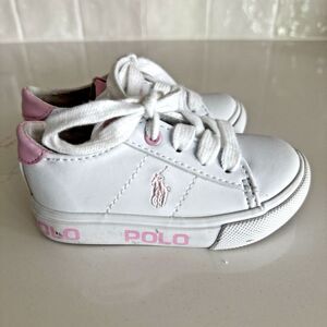 Polo Ralph Lauren Leather Sneakers Toddler Girl 5 White‎ Lace-up Pink Pony